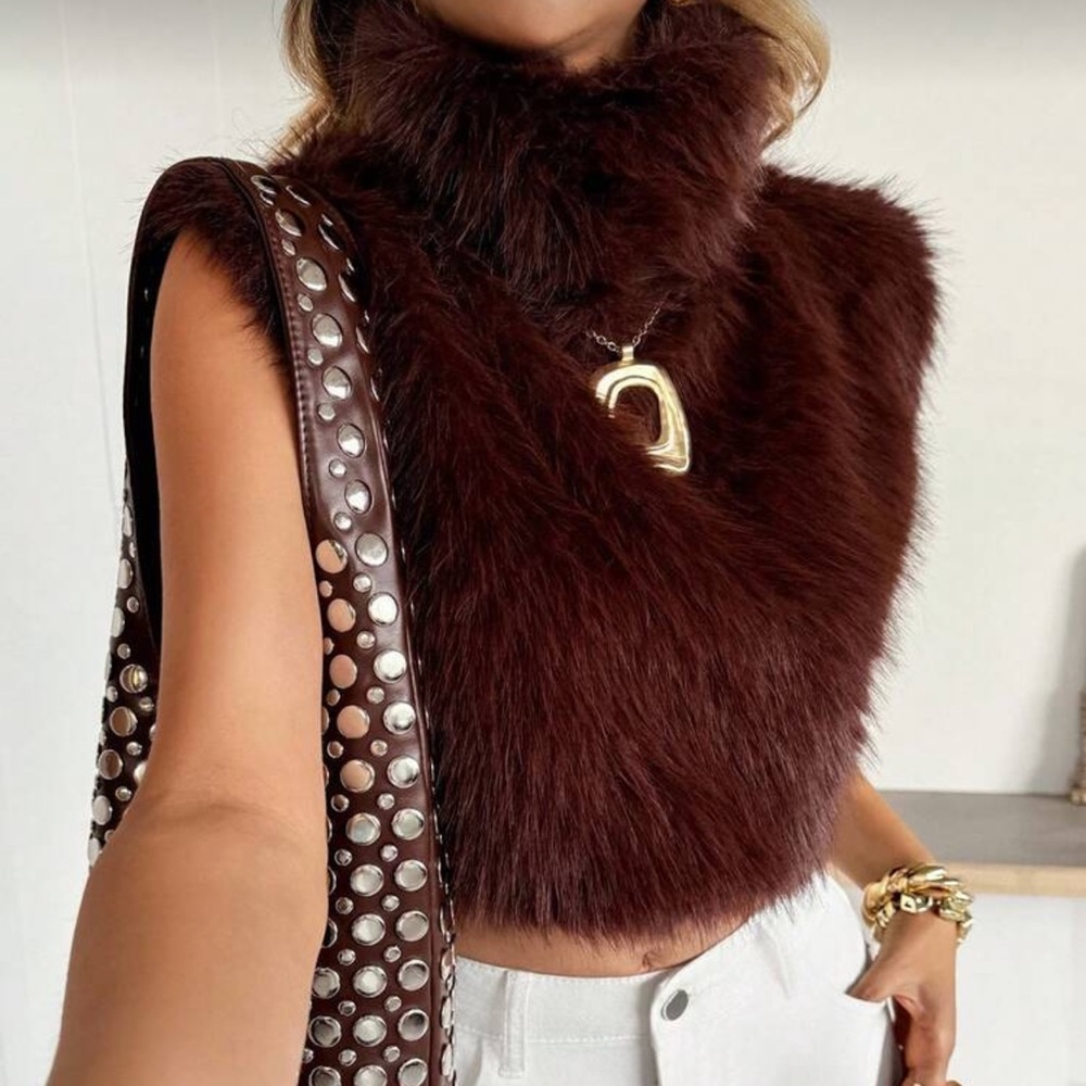 Siren Gaze Siren Gaze Women's Burgundy Red And Brown Fur Turtleneck Vest Top